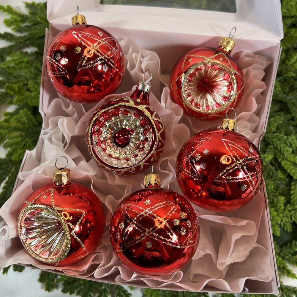 Vintage Columbia & Czech Indent Balls Christmas Ornaments Red & Gold set of 6